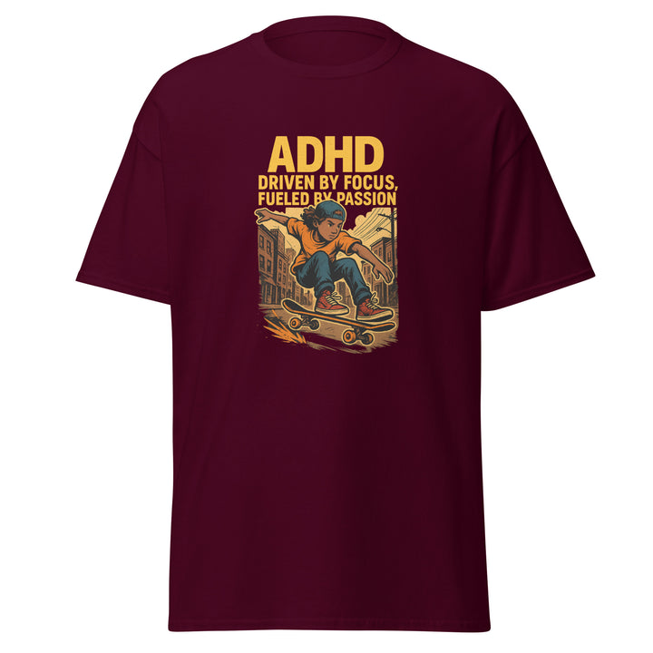 Hyperfocus ADHD Tee in maroon – front view